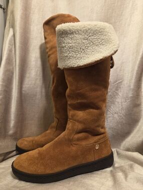 Michael Kors Chestnut Suede Knee Boots with Cream Shearling Cuff
